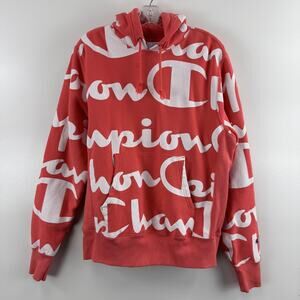 CHAMPION Reverse Weave All Over Logo Hoodie Size MEDIUM